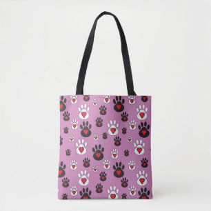 Tote Bag Empreintes de pattes aux coeurs rouges sur rose