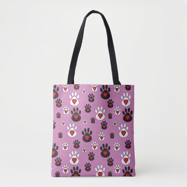 Tote Bag Empreintes de pattes aux coeurs rouges sur rose (Devant)