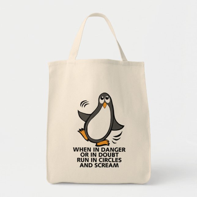 Tote Bag En danger ou en doute Grocerie de pingouin drôle (Devant)