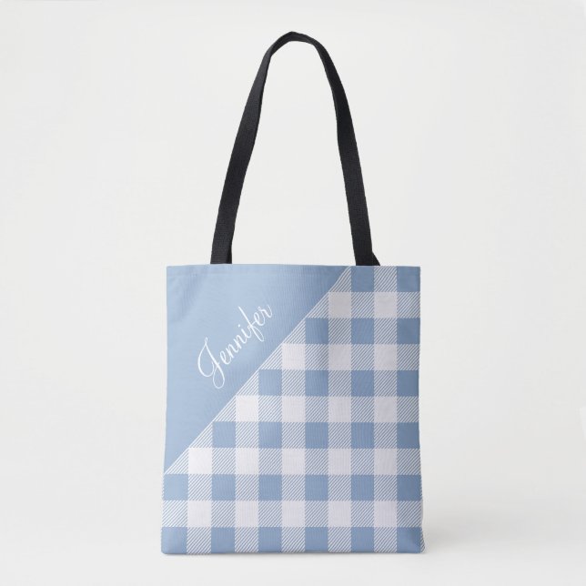 Tote Bag En vichy de chèque bleu moderne personnalisé (Devant)