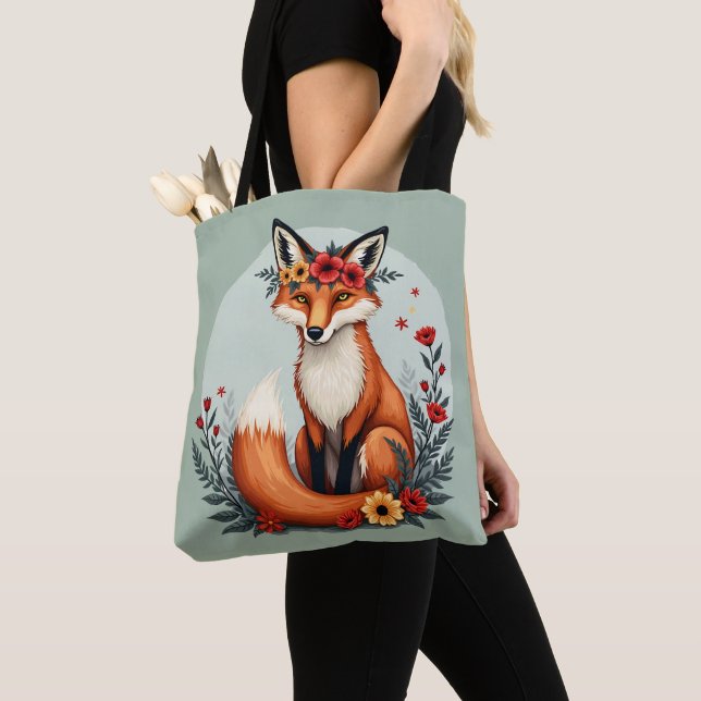 Tote Bag Enchanter Floral Fox Woodland Folk Art (De près)