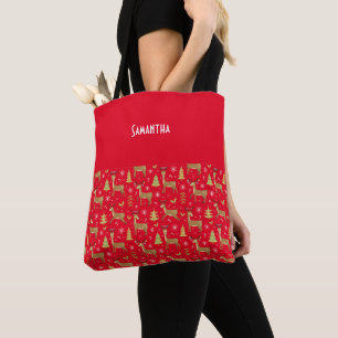 Tote Bag Enfants Reindeer de Noël Jouer Nom Rouge