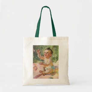 Tote Bag Enfants Vintage, Bébé Fille Mignonne sur une Couve