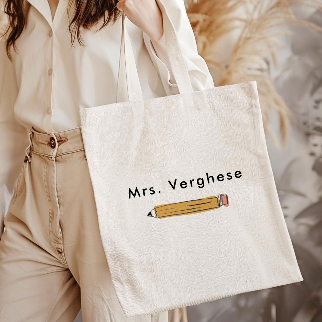 Tote Bag Enseignant personnalisé au crayon (Yellow No. 2 pencil personalized teacher tote bag.)