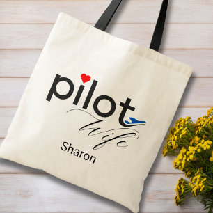 Tote Bag Épouse de pilote Script Cœur Avion Simple Personna