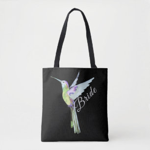 Tote Bag Épouse mariage blanc Script Boho Hummingbird