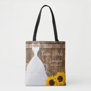Tote Bag Équipe Mariée En Style Tournesol Rustique En Bois