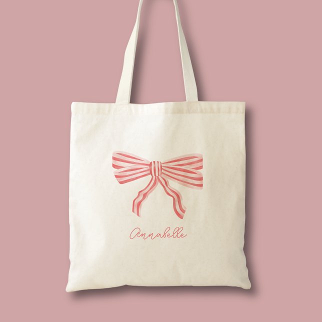 Tote Bag Esthétique Coquette Rose Blush et prénom (Cute coquette aesthetic pink bow personalized tote bag.)