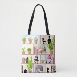 Tote Bag Étagères avec fleurs, livres et décorations