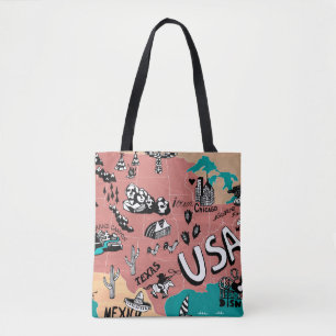 Tote Bag États-Unis Illustré : Carte Colorée Voyage.