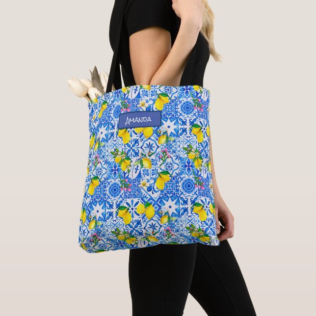 Tote Bag Eté majolica bleu Sicilienne agrumes méditerranéen (De près)