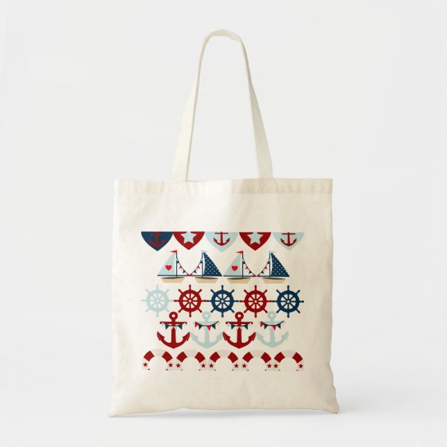 Tote Bag Eté Thème nautique Ancres Bateaux à voile Helms (Devant)