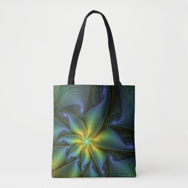 Tote Bag Etoile Abstraite, Bleu brillant Vert Or Fractal Ar (Devant)