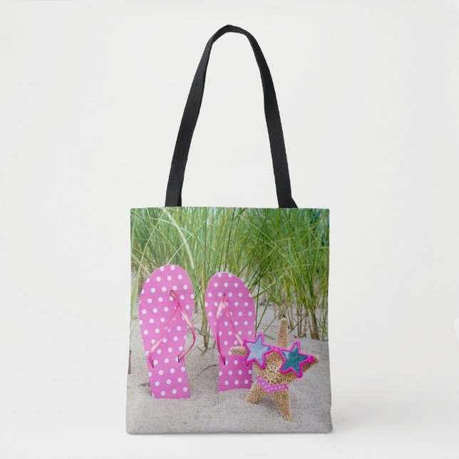 Tote Bag étoiles de mer et tongs dans le sable (Devant)