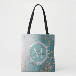 Tote Bag Étoiles d'or chatoyantes sur Monogramme Turquoise