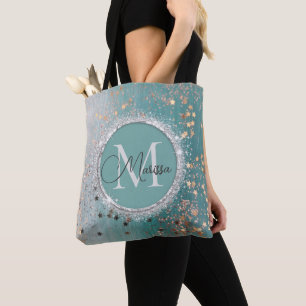 Tote Bag Étoiles d'or chatoyantes sur Monogramme Turquoise