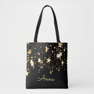 Tote Bag Étoiles élégantes, noires, d'or, personnalisée