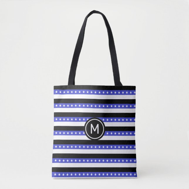 Tote Bag Étoiles et bandes noires Bleues et Blancs (Devant)