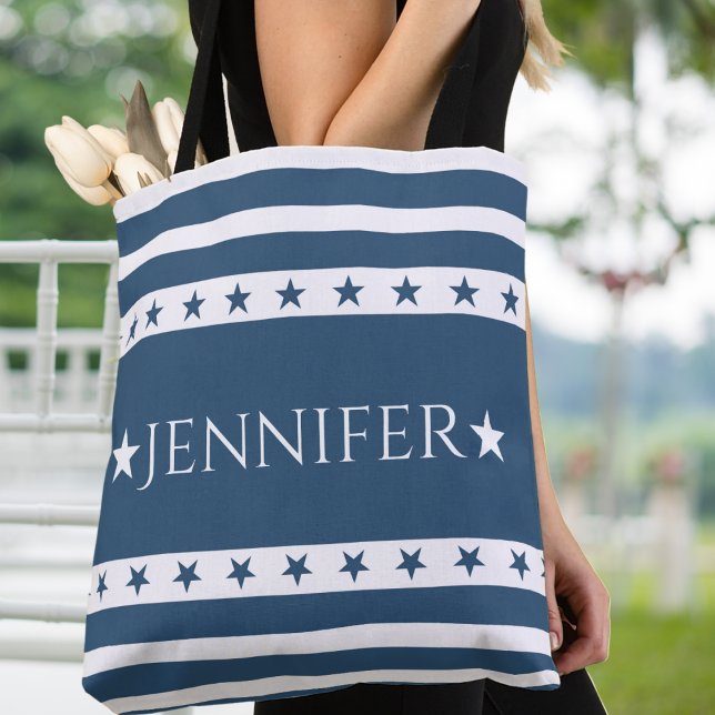 Tote Bag Étoiles et rayures patriotiques bleues et blanches (Blue and White Patriotic Stars and Stripes Custom Tote Bag - Just add your name or special text!)