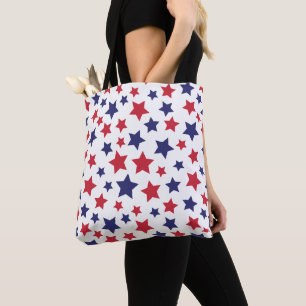 Tote Bag Étoiles rouges et bleues, 4 juillet, fond blanc