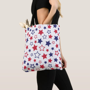 Tote Bag Étoiles rouges et bleues, 4 juillet, fond blanc