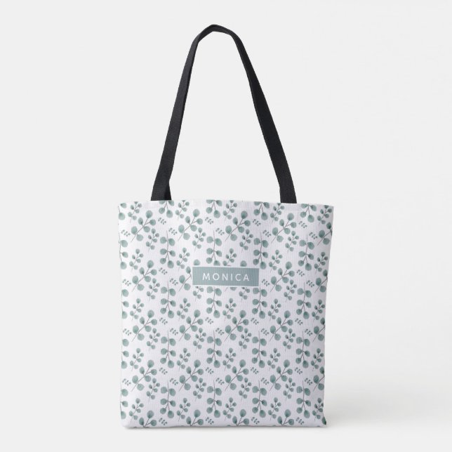 Tote Bag Eucalyptus de couleur d'eau chic imprimé avec nom (Dos)