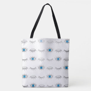 Tote Bag Eyelashes oculaires bleus argenté Nazar Mati Motif