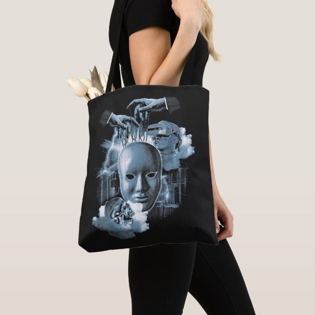 Tote Bag Faceless - Techno-Goth Streetwear Design (De près)