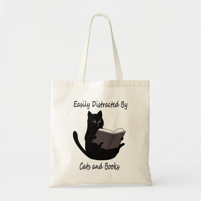 Tote Bag Facilement Distrait Par Les Chats Et Les Livres, J (Devant)