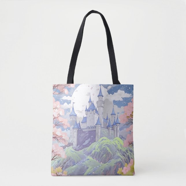 Tote Bag Fairytale Castle Spring Pastel Aquarelle (Devant)