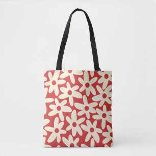 Tote Bag Faisées rétros Motif Floral Rouge et Crème