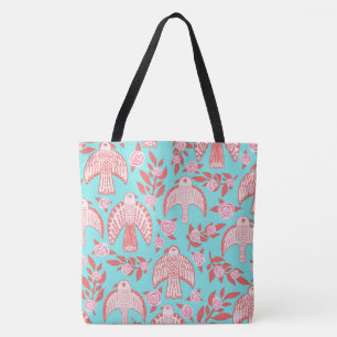 Tote Bag Falcons & Roses élégants Illustré bleu rose