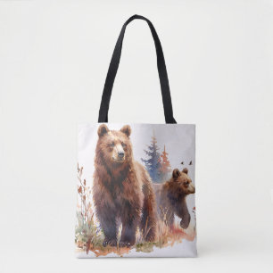 Tote Bag Famille d'ours grizzly aquarelle - Promenade à la