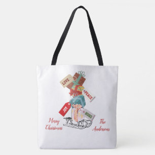 Tote Bag Famille Rouge Blanc Hiver Luge Joyeux Noël