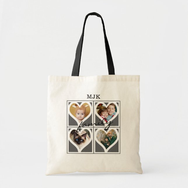 Tote Bag FAMILLE Script Titre Photo Collage Monogramme Nom (Devant)