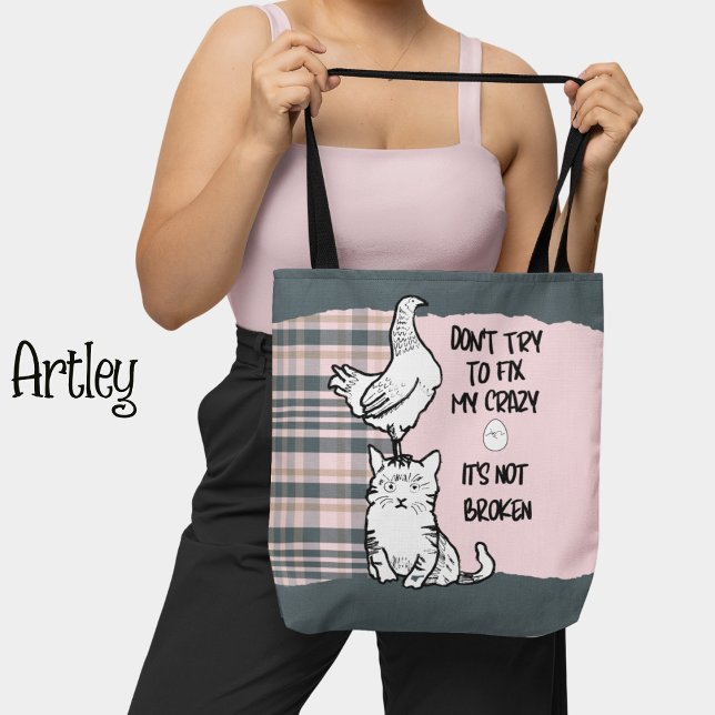 Tote Bag Fantaisie Chat et Poulet Rose Plaid (Créateur téléchargé)