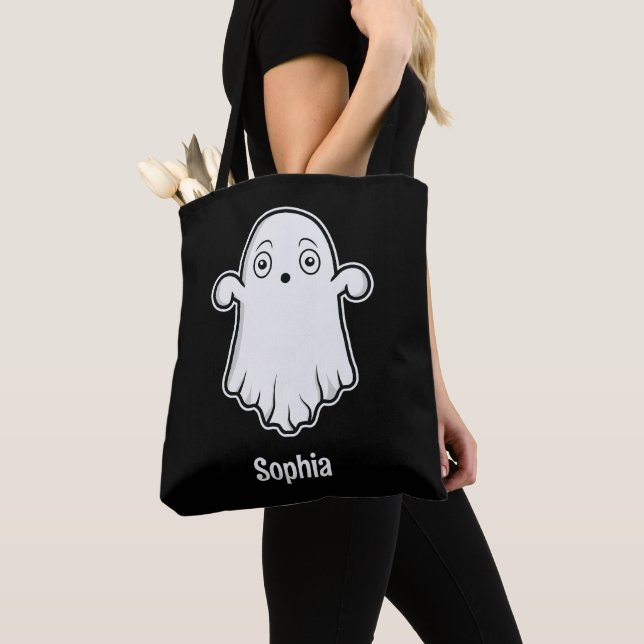 Tote Bag Fantôme De Cartoon Peur Avec Nom Personnalisé Noir (De près)