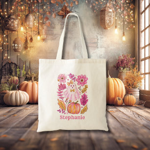 Tote Bag Fantôme de Halloween rose pastel avec nom personna