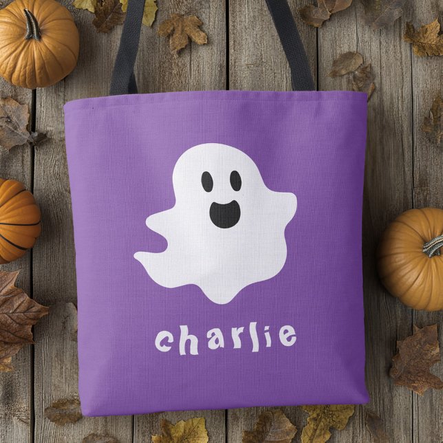 Tote Bag fantôme éffrayant et nom violet Halloween (Spooky ghost and name purple Halloween Tote Bag)