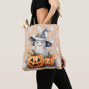 Tote Bag Fantôme et lanternes Jack-O' Halloween orange clai