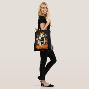 Tote Bag Fantôme groovy d'Halloween tenant un chat noir flo