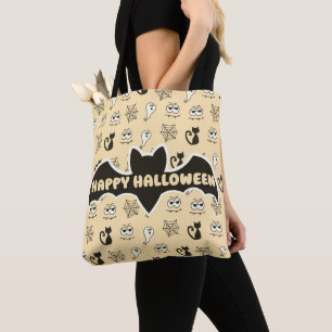 Tote Bag Fantôme, toiles d'araignées et chats noirs Jaune