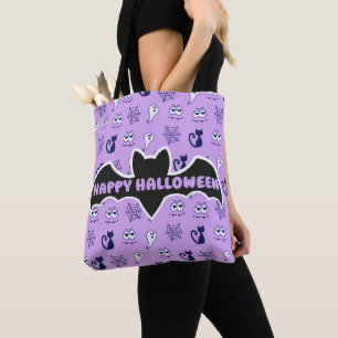 Tote Bag Fantôme, toiles d'araignées et chats noirs violet