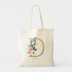 Tote Bag Faux Gold Foil Floral Lettre D Monogramme Bridesma