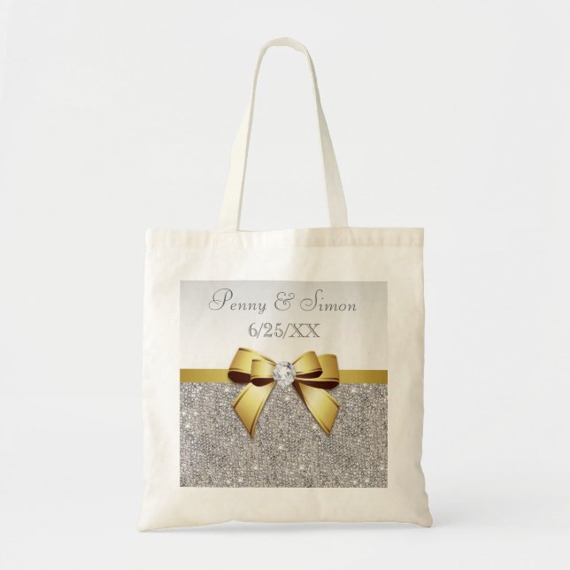 Tote Bag Faux Silver Sequins Gold Bow Wedding Favoriser (Devant)