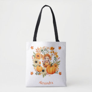 Tote Bag Fée Citrouille mignonne dans la couronne d'automne