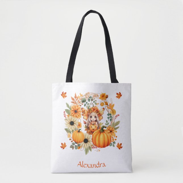 Tote Bag Fée Citrouille mignonne dans la couronne d'automne (Devant)