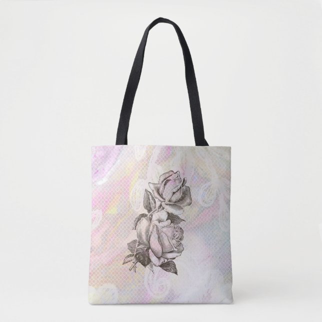 Tote Bag *~* Feminine Rose bleu turquoise Aquarelle & dente (Devant)