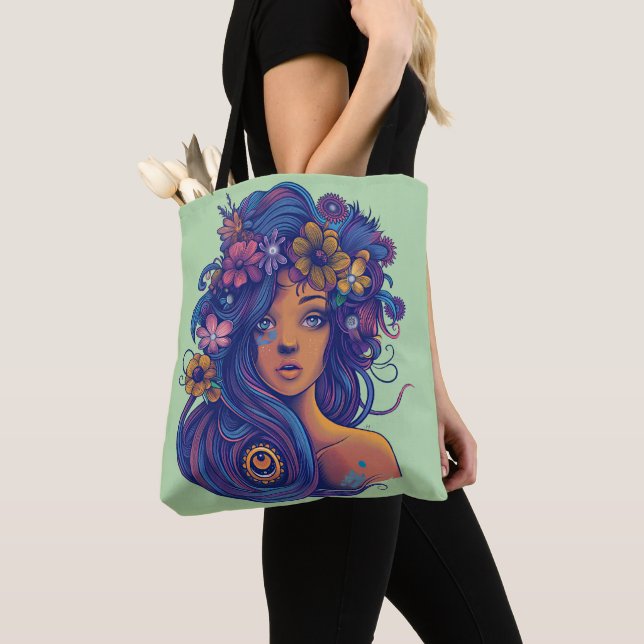 Tote Bag Femme d'Imaginaire Boho avec cheveux floraux (De près)