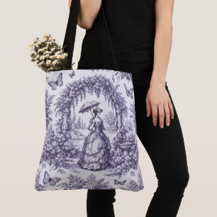Tote Bag Femme française dans un jardin Toile de Jouy